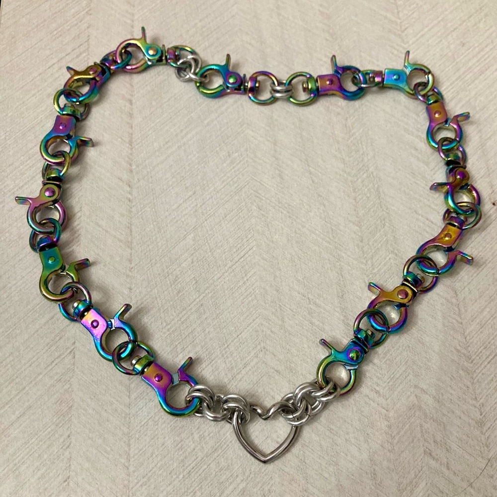 Stainless steel heart choker rainbow clasps goth punk emo chain necklace - Picture 5 of 12